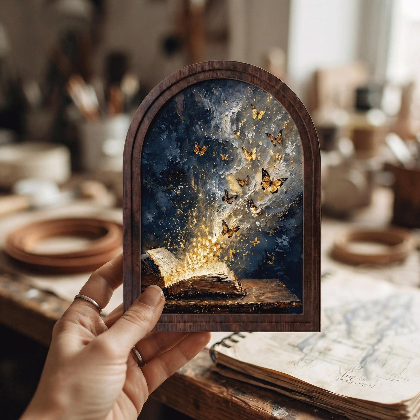 Magical Book & Golden Butterflies Wall Art in Arched Wood Frame: Enchanted Fantasy Canvas, Book Lover Gift - Image 3