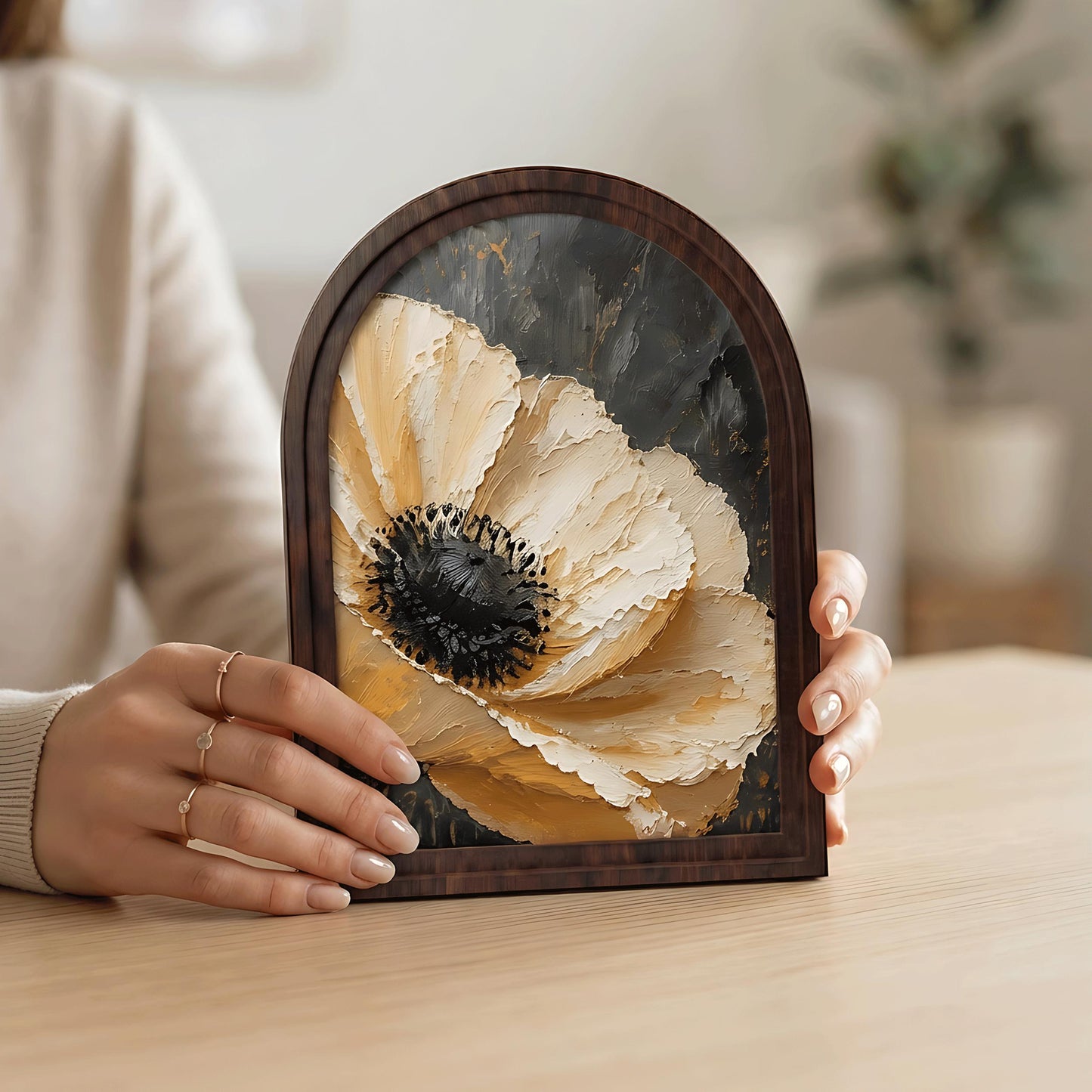 Vintage Poppy Flower Wall Art, Arched Wood Framed, Cream Botanical Floral Painting, Rustic Farmhouse Cottagecore Decor - Image 2