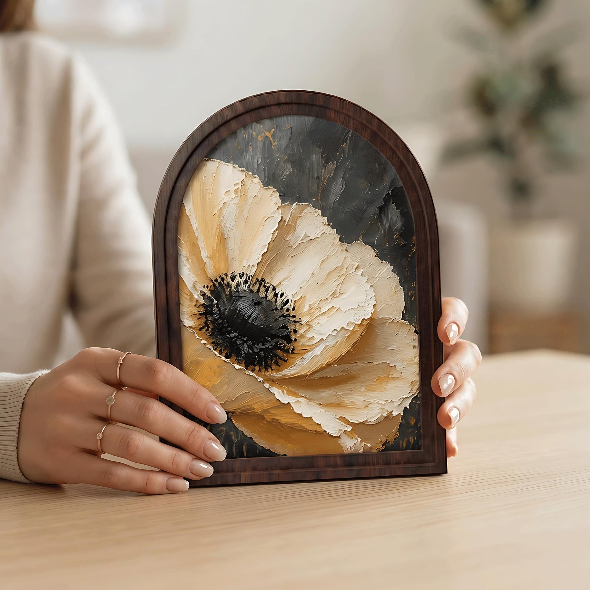 Vintage Poppy Flower Wall Art, Arched Wood Framed, Cream Botanical Floral Painting, Rustic Farmhouse Cottagecore Decor - Image 2