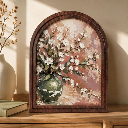 Arched Framed Floral Still Life Wall Art, White Blossom Bouquet in Green Vase, Vintage Botanical Painting, Neutral Home Decor - Image 2
