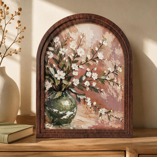Arched Framed Floral Still Life Wall Art, White Blossom Bouquet in Green Vase, Vintage Botanical Painting, Neutral Home Decor - Image 2