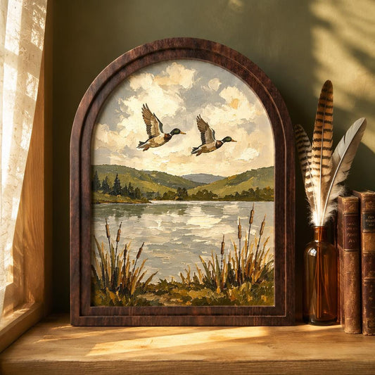 Mallard Ducks Over the Lake Wall Art, Arched Wooden Frame Vintage Wildlife Print, Serene Nature Landscape Decor for Living Room, Bedroom - Image 2