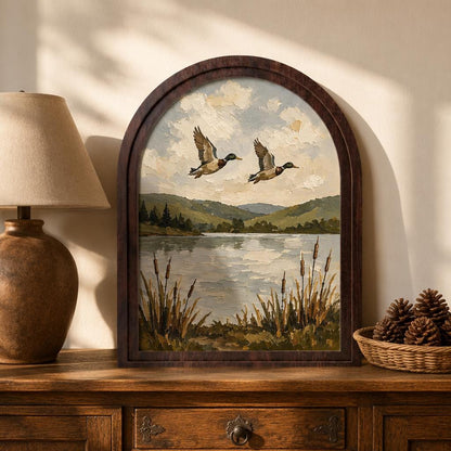 Mallard Ducks Over the Lake Wall Art, Arched Wooden Frame Vintage Wildlife Print, Serene Nature Landscape Decor for Living Room, Bedroom - Image 1