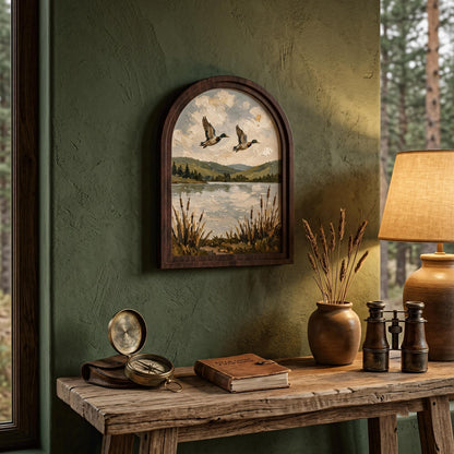 Mallard Ducks Over the Lake Wall Art, Arched Wooden Frame Vintage Wildlife Print, Serene Nature Landscape Decor for Living Room, Bedroom - Image 6