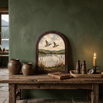 Mallard Ducks Over the Lake Wall Art, Arched Wooden Frame Vintage Wildlife Print, Serene Nature Landscape Decor for Living Room, Bedroom - Image 3