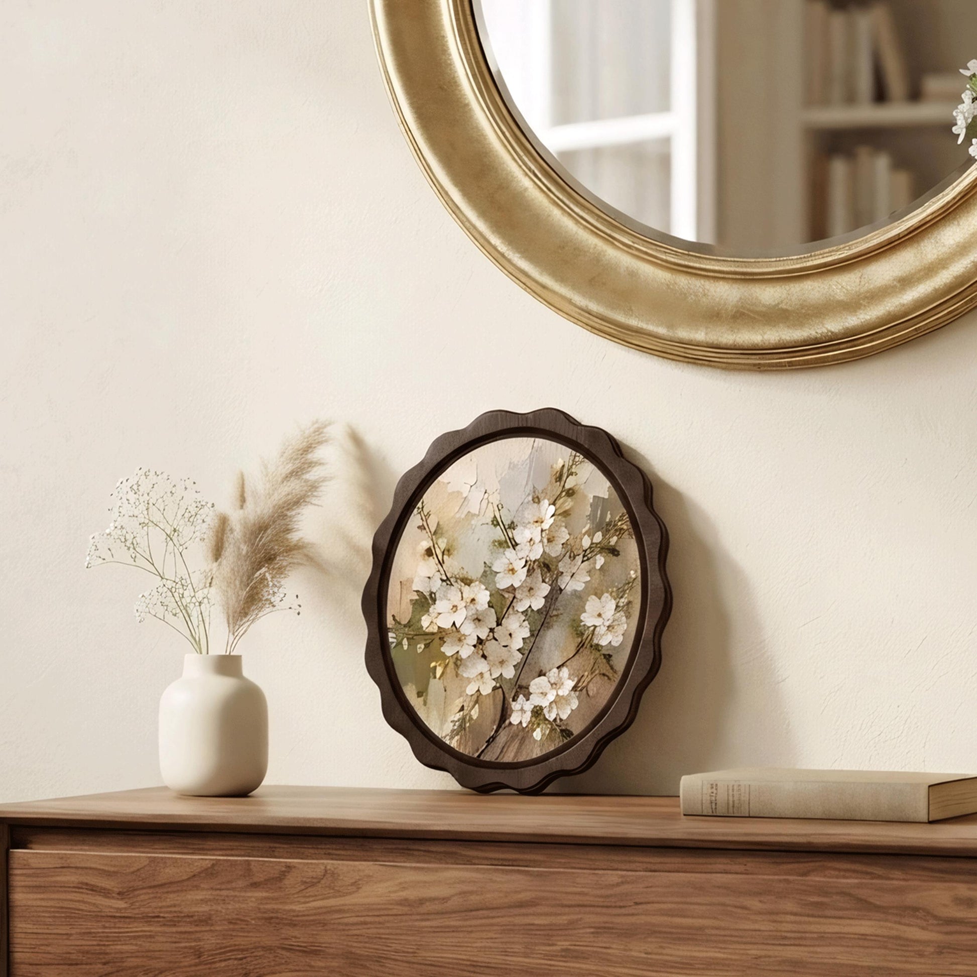White Floral Wall Art, Wavy Oval Wood Framed Canvas, Vintage Botanical Painting, Cottagecore Farmhouse Decor, Nature Lover Gift - Image 5