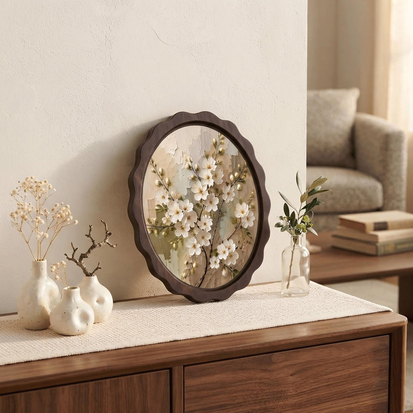 White Floral Wall Art, Wavy Oval Wood Framed Canvas, Vintage Botanical Painting, Cottagecore Farmhouse Decor, Nature Lover Gift - Image 3