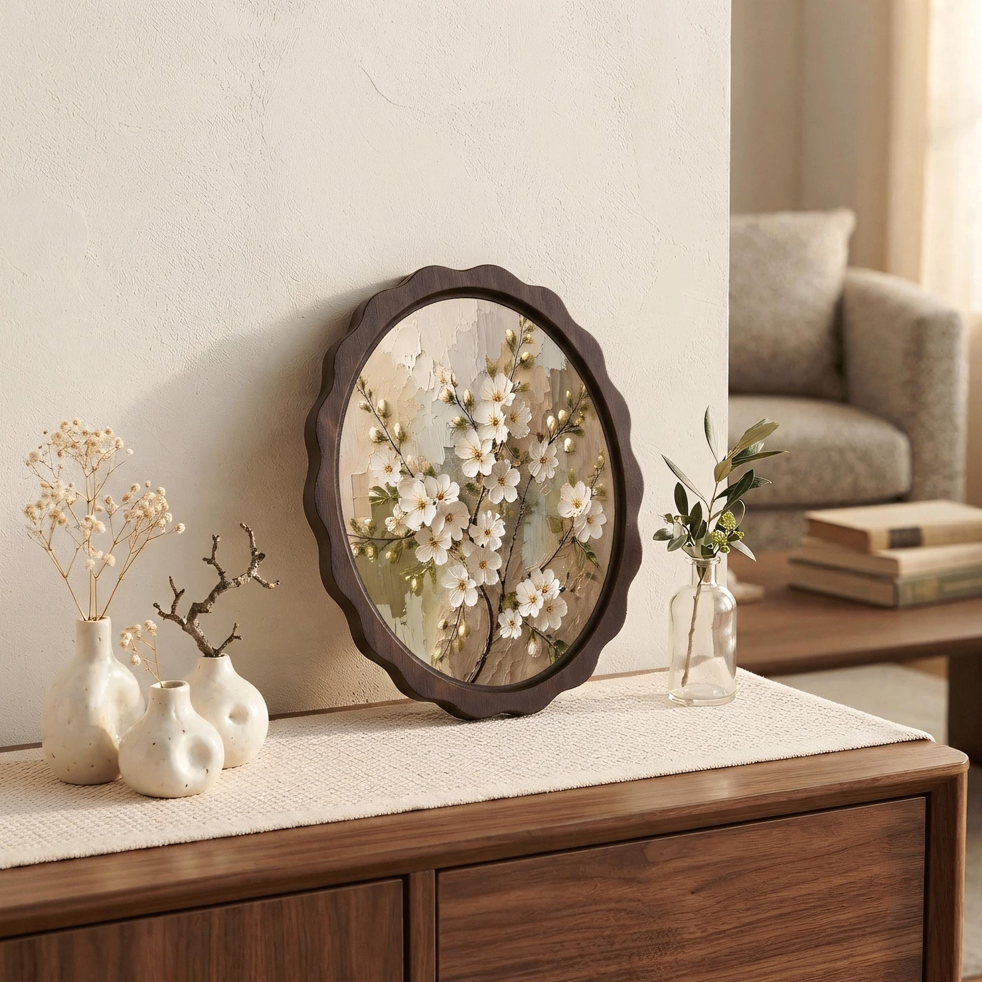 White Floral Wall Art, Wavy Oval Wood Framed Canvas, Vintage Botanical Painting, Cottagecore Farmhouse Decor, Nature Lover Gift - Image 3