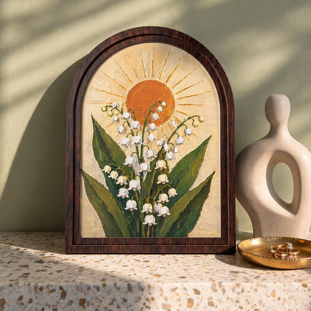 Lily of the Valley Wall Art, Arched Wood Framed Canvas, Botanical Sun Floral Print, Cottagecore Farmhouse Decor, Vintage Nature Wall Hanging - Image 2
