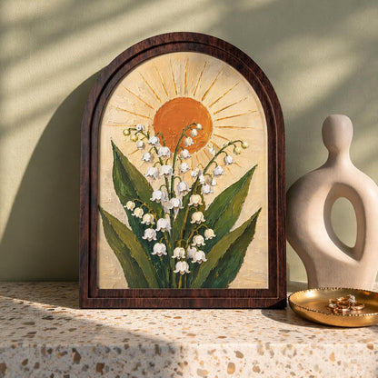 Lily of the Valley Wall Art, Arched Wood Framed Canvas, Botanical Sun Floral Print, Cottagecore Farmhouse Decor, Vintage Nature Wall Hanging - Image 2