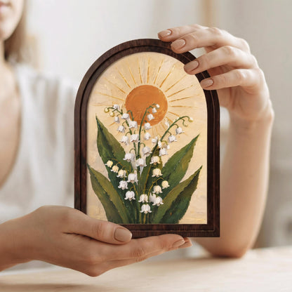 Lily of the Valley Wall Art, Arched Wood Framed Canvas, Botanical Sun Floral Print, Cottagecore Farmhouse Decor, Vintage Nature Wall Hanging - Image 3