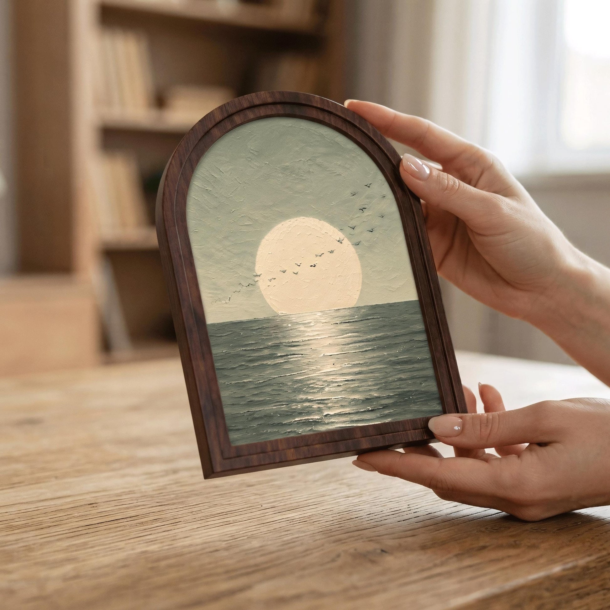 Full Moon Seascape Wall Art, Ocean Horizon Painting in Arched Wood Frame, Modern Coastal Decor, Peaceful Nature Artwork, Bedroom Wall Accent - Image 4
