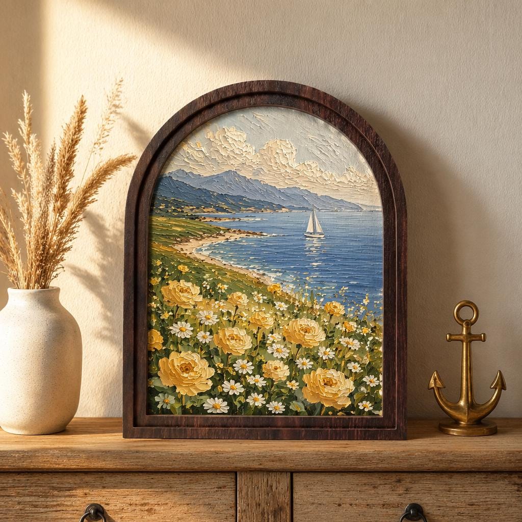 Ocean View Floral Wall Art, Arched Wooden Frame, Yellow Roses & Daisy Coastal Painting, Nautical Cottage Decor, Beach House Wall Art Gift - Image 1
