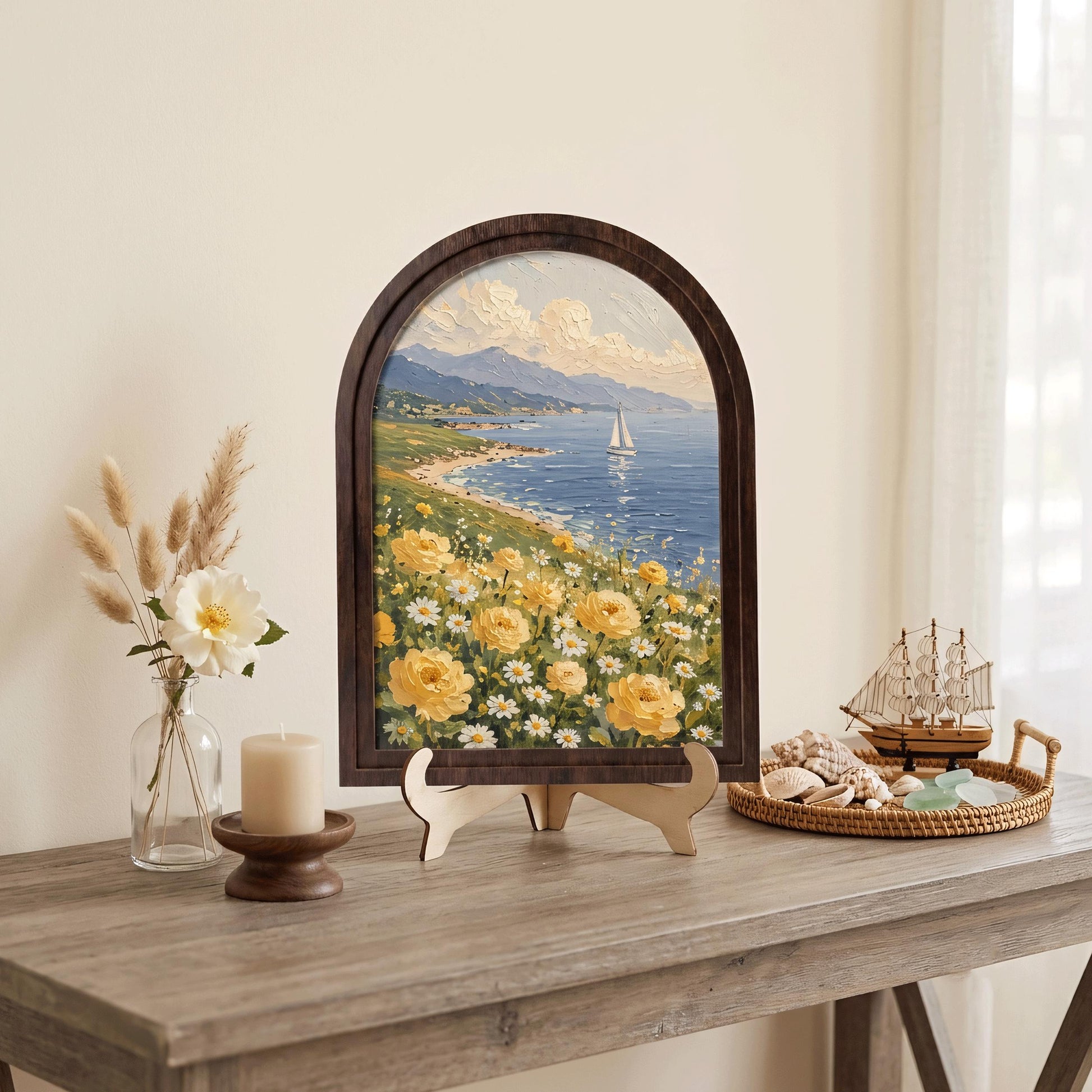 Ocean View Floral Wall Art, Arched Wooden Frame, Yellow Roses & Daisy Coastal Painting, Nautical Cottage Decor, Beach House Wall Art Gift - Image 2