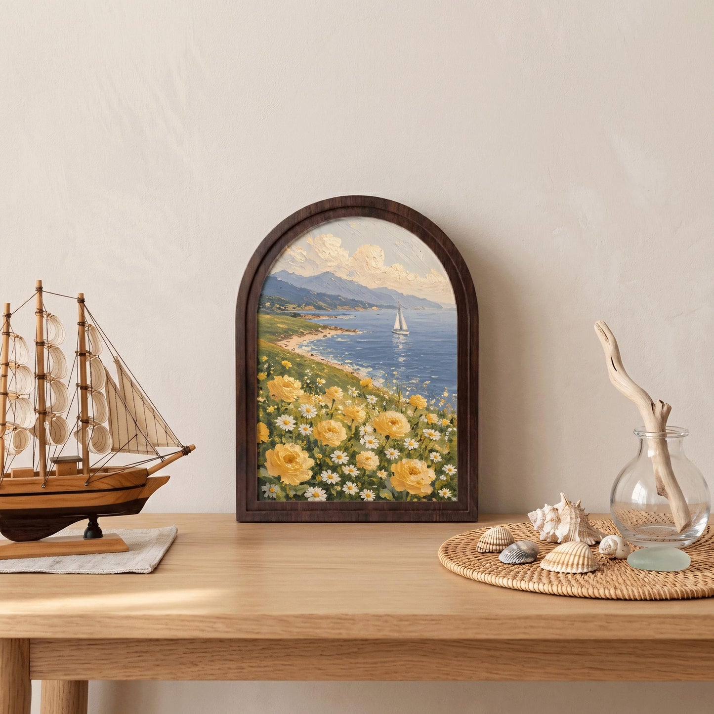 Ocean View Floral Wall Art, Arched Wooden Frame, Yellow Roses & Daisy Coastal Painting, Nautical Cottage Decor, Beach House Wall Art Gift - Image 3
