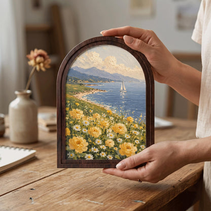 Ocean View Floral Wall Art, Arched Wooden Frame, Yellow Roses & Daisy Coastal Painting, Nautical Cottage Decor, Beach House Wall Art Gift - Image 4