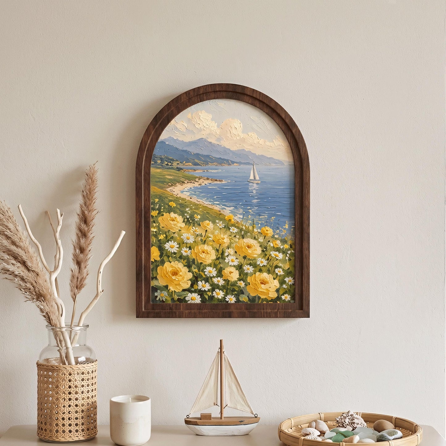Ocean View Floral Wall Art, Arched Wooden Frame, Yellow Roses & Daisy Coastal Painting, Nautical Cottage Decor, Beach House Wall Art Gift - Image 6
