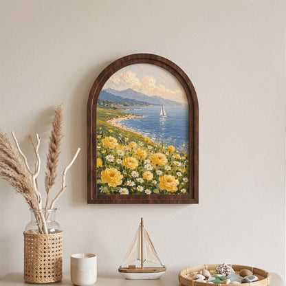Ocean View Floral Wall Art, Arched Wooden Frame, Yellow Roses & Daisy Coastal Painting, Nautical Cottage Decor, Beach House Wall Art Gift - Image 6