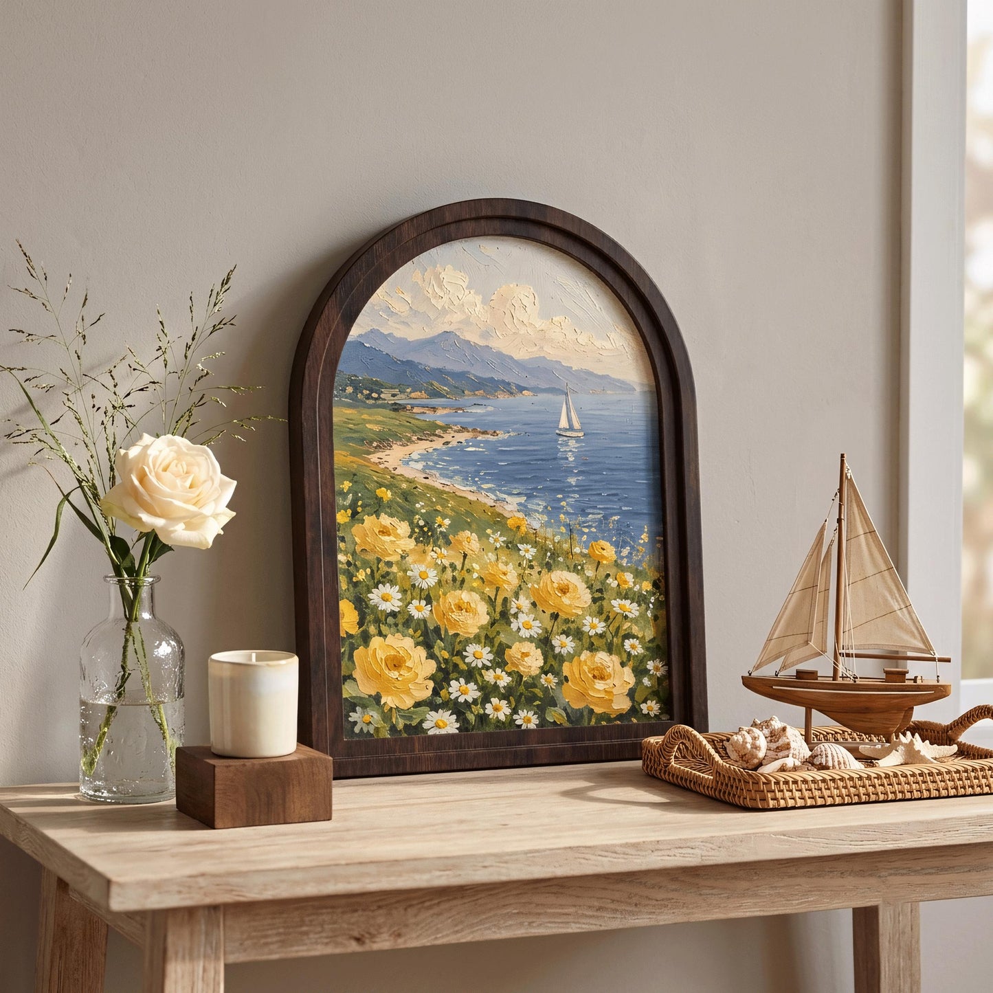 Ocean View Floral Wall Art, Arched Wooden Frame, Yellow Roses & Daisy Coastal Painting, Nautical Cottage Decor, Beach House Wall Art Gift - Image 5