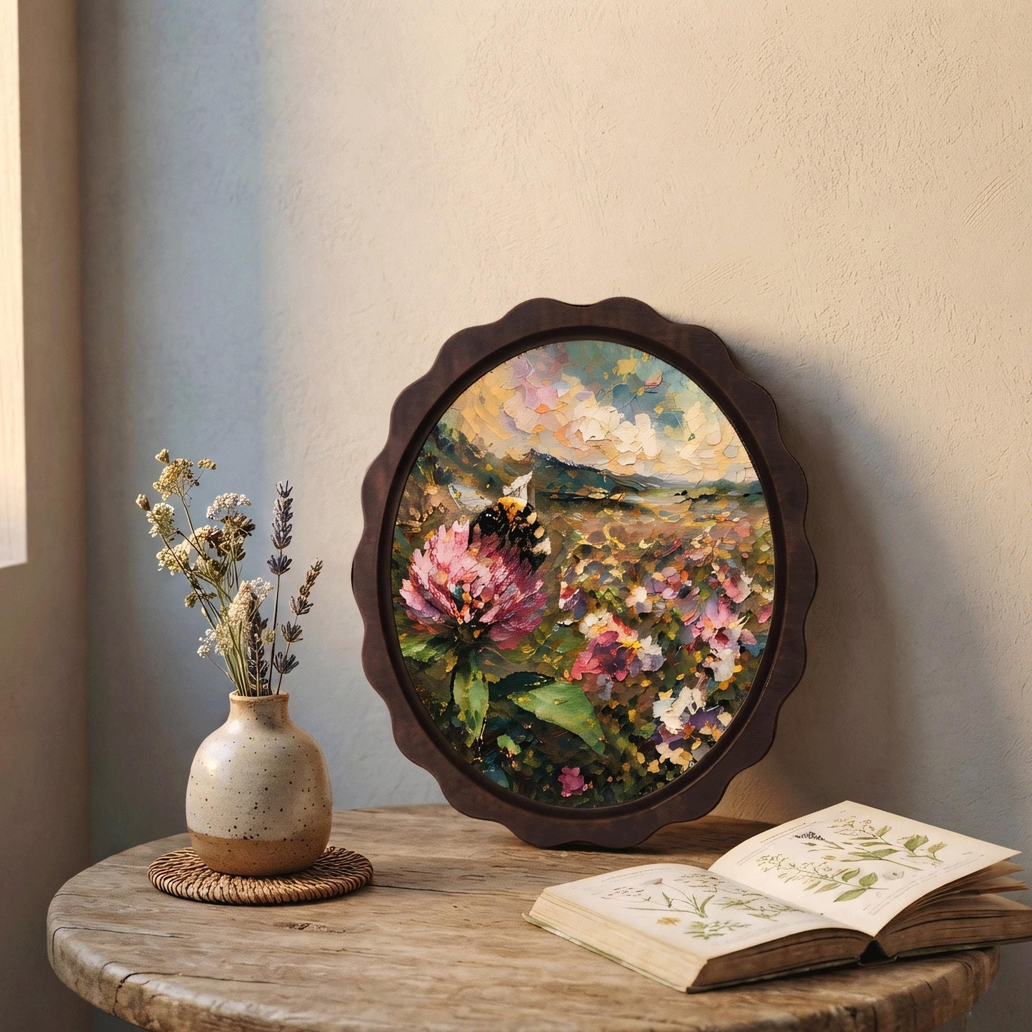 Bee & Wildflower Wall Art, Wooden Wavy Oval Frame, Vintage Botanical Landscape Painting, Rustic Nature Decor, Bee Lover Gift - Image 4