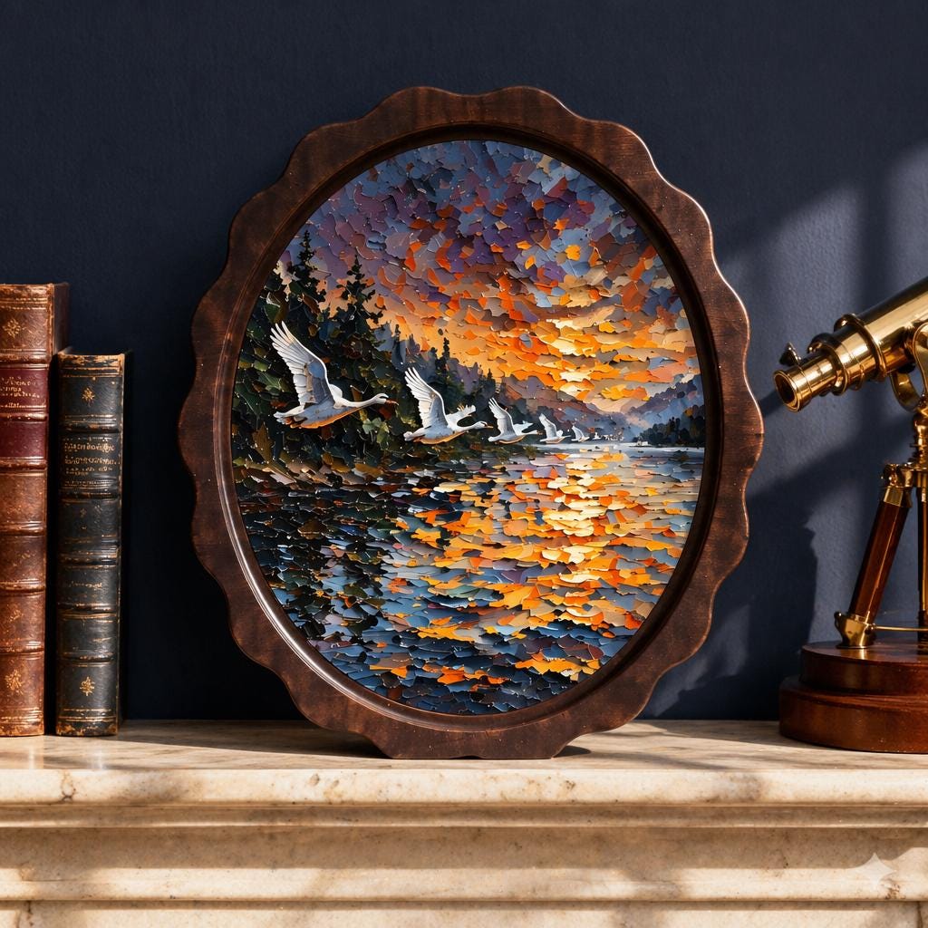 Swan Lake Wall Art, Wooden Wavy Oval Frame, Sunset Wildlife Landscape Painting, Vintage Nature Decor, Rustic Cabin Accent, Bird Lover Gift - Image 1