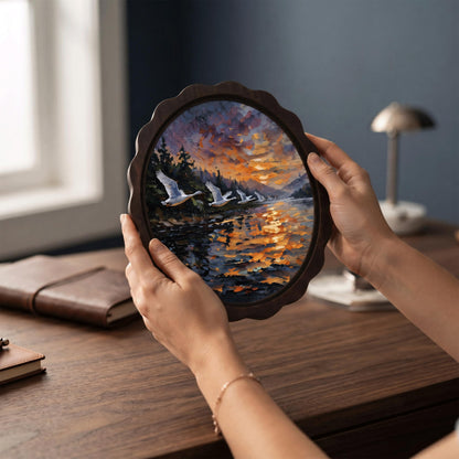 Swan Lake Wall Art, Wooden Wavy Oval Frame, Sunset Wildlife Landscape Painting, Vintage Nature Decor, Rustic Cabin Accent, Bird Lover Gift - Image 3