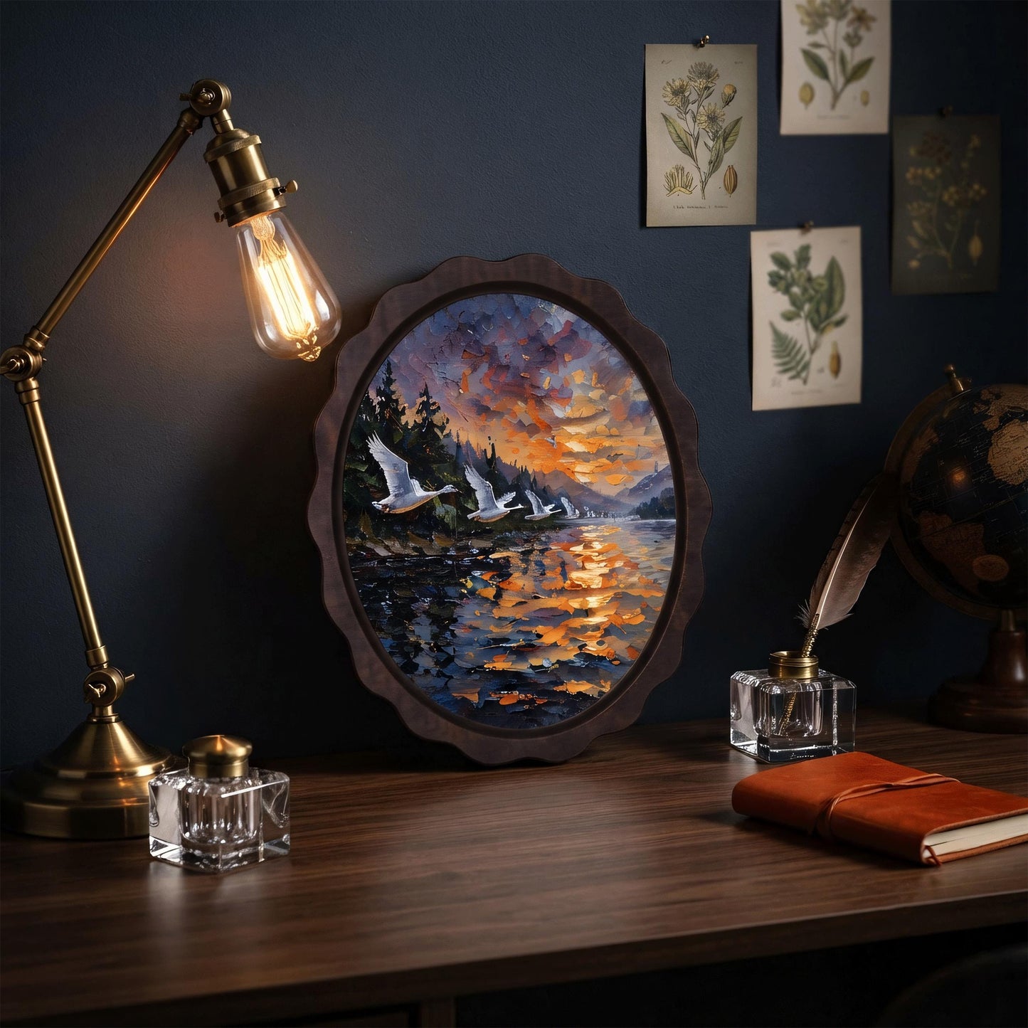 Swan Lake Wall Art, Wooden Wavy Oval Frame, Sunset Wildlife Landscape Painting, Vintage Nature Decor, Rustic Cabin Accent, Bird Lover Gift - Image 5