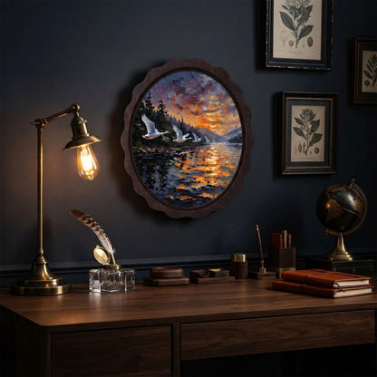 Swan Lake Wall Art, Wooden Wavy Oval Frame, Sunset Wildlife Landscape Painting, Vintage Nature Decor, Rustic Cabin Accent, Bird Lover Gift - Image 9