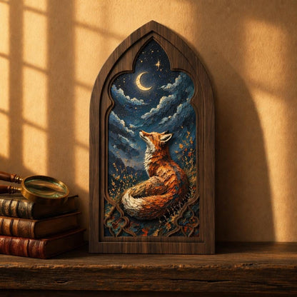 Fox Wall Art, Gothic Window Wood Frame, Moonlit Woodland Fox Painting, Rustic Nature Decor, Medieval Arch Wall Art, Forest Lover Gift - Image 2