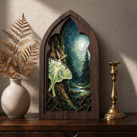 Luna Moth Wall Art, Gothic Window Wood Frame, Moonlit Forest Nature Painting, Cottagecore Decor, Dark Academia Wall Art, Woodland Home Gift - Image 1