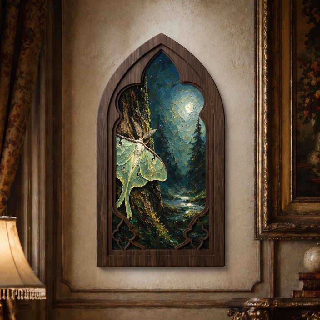 Luna Moth Wall Art, Gothic Window Wood Frame, Moonlit Forest Nature Painting, Cottagecore Decor, Dark Academia Wall Art, Woodland Home Gift - Image 3