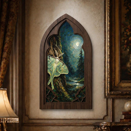 Luna Moth Wall Art, Gothic Window Wood Frame, Moonlit Forest Nature Painting, Cottagecore Decor, Dark Academia Wall Art, Woodland Home Gift - Image 3