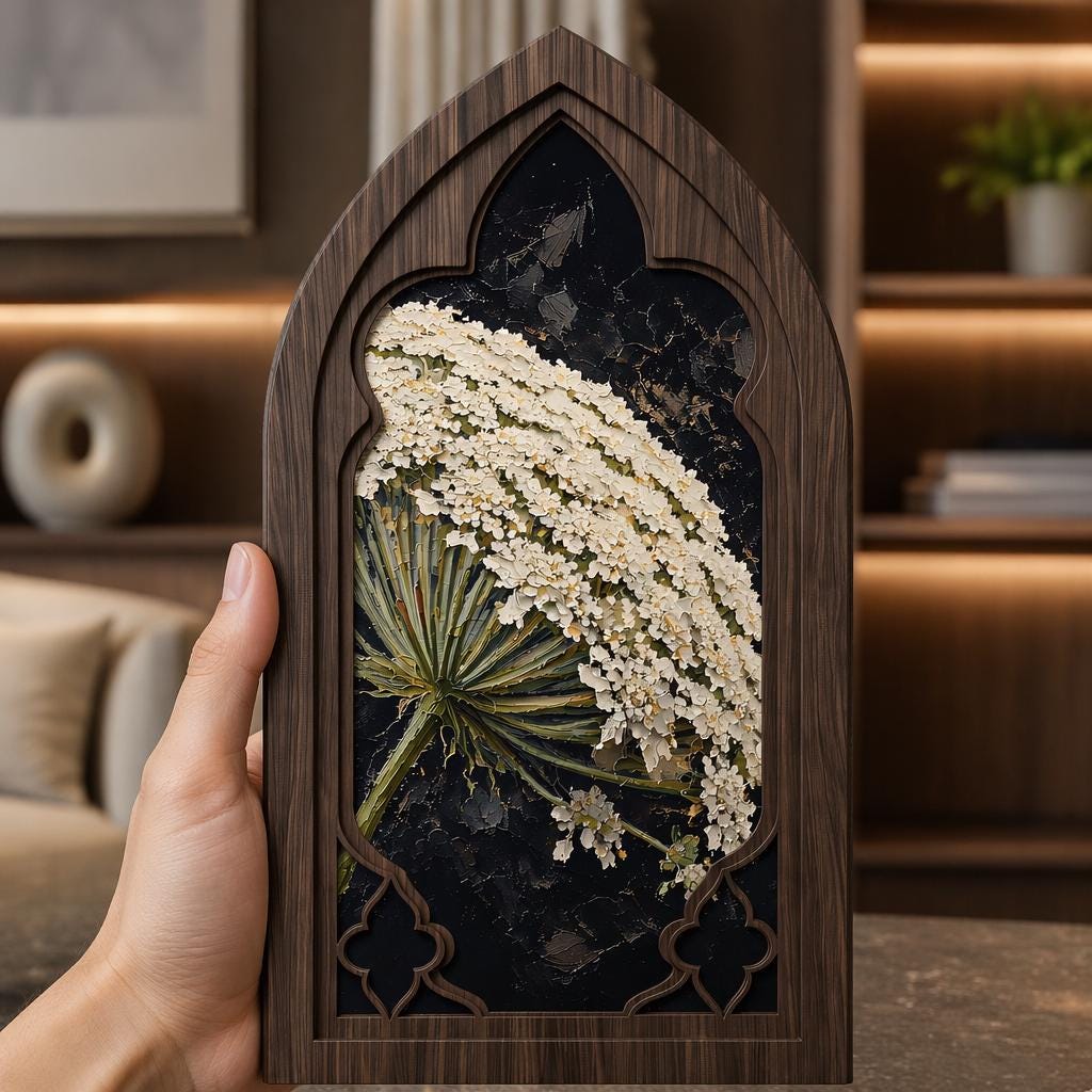 Queen Anne's Lace Wall Art, Gothic Window Wood Frame, Vintage Botanical Floral Painting, Cottagecore Decor, Nature Lover Gift - Image 3