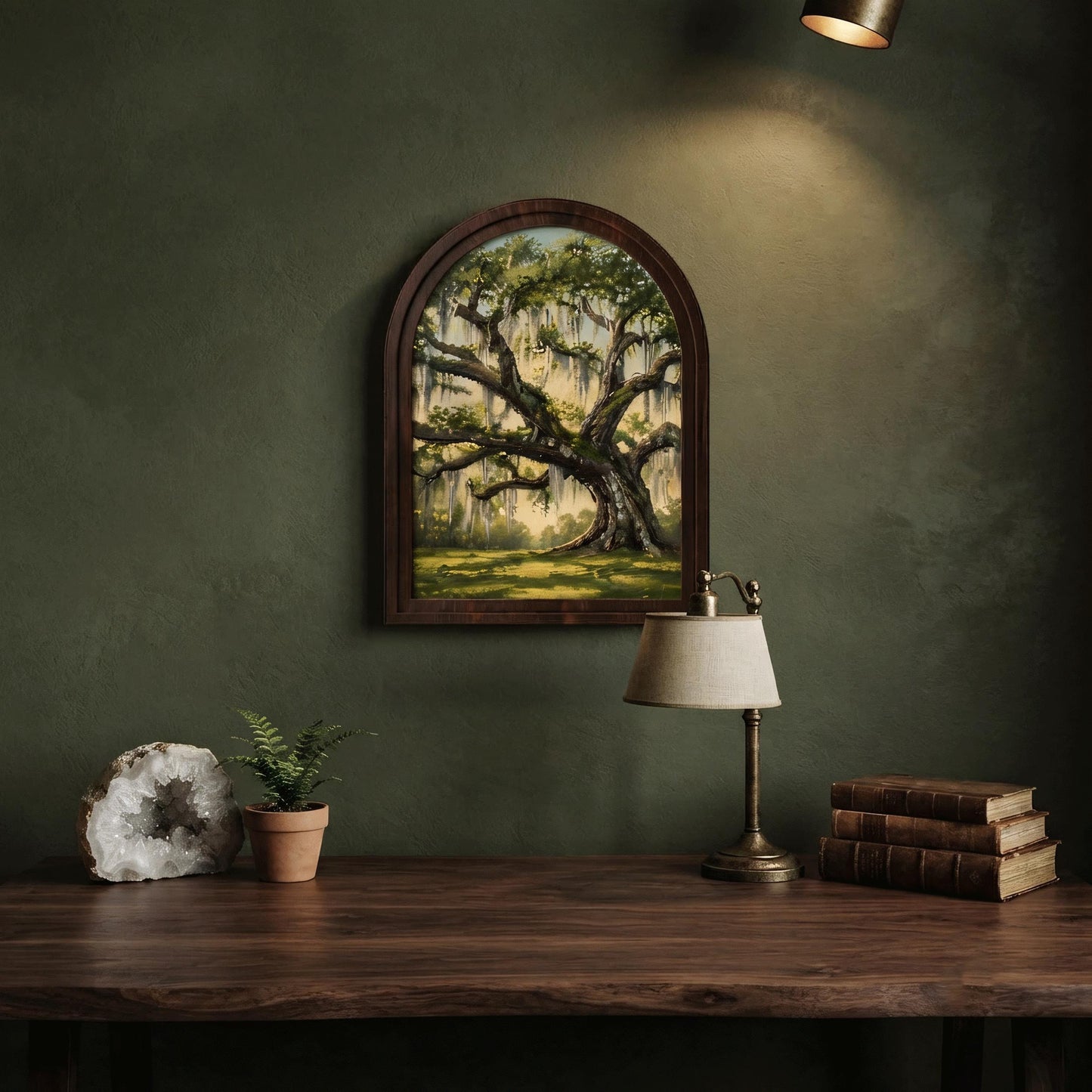 Majestic Live Oak Wall Art with Arched Wood Frame, Southern Landscape Painting, Spanish Moss Tree Decor, Rustic Nature Wall Art - Image 4