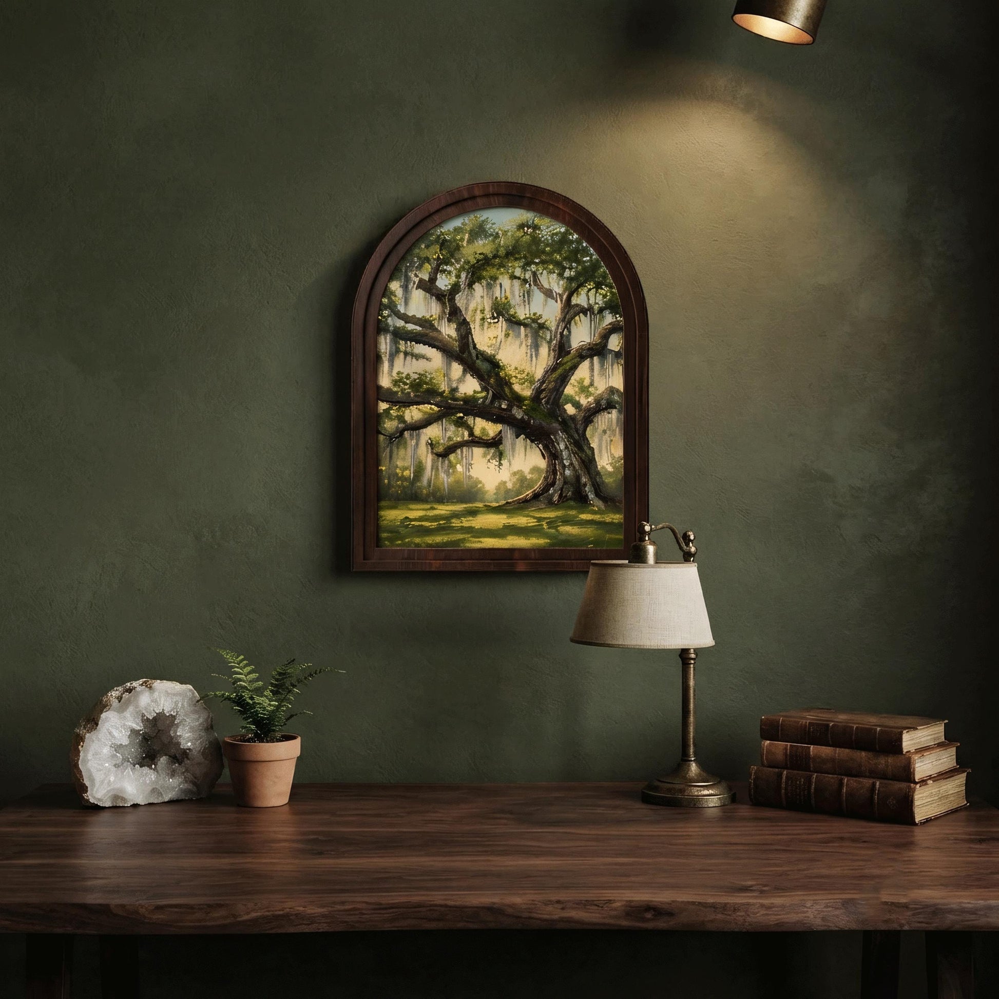 Majestic Live Oak Wall Art with Arched Wood Frame, Southern Landscape Painting, Spanish Moss Tree Decor, Rustic Nature Wall Art - Image 4
