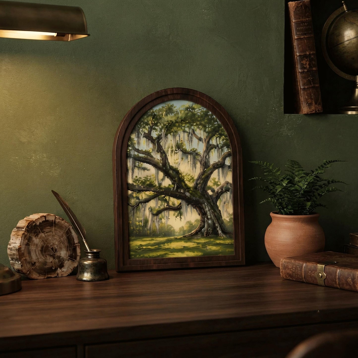 Majestic Live Oak Wall Art with Arched Wood Frame, Southern Landscape Painting, Spanish Moss Tree Decor, Rustic Nature Wall Art - Image 5