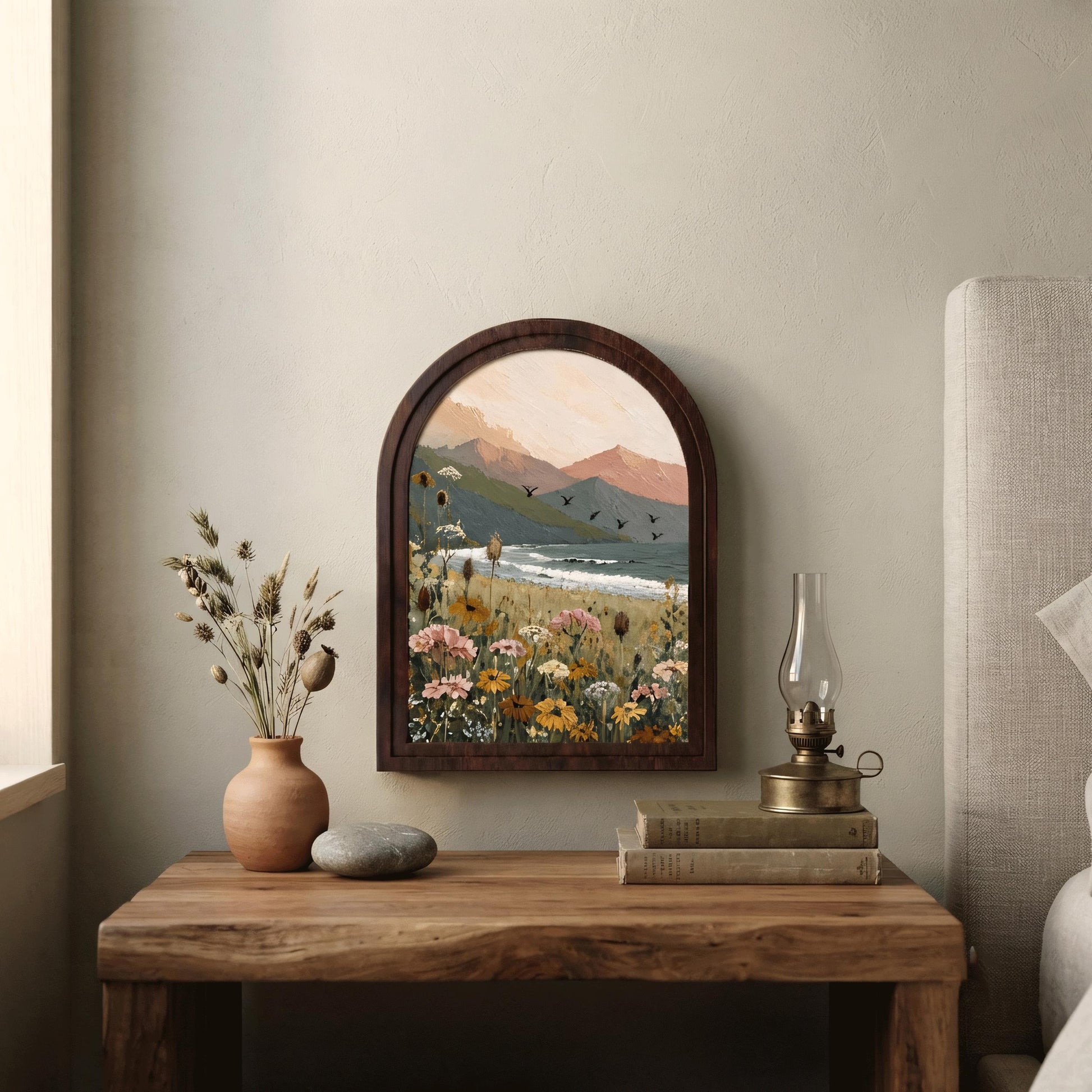 Wildflower Lake Wall Art with Arched Wood Frame, Mountain Landscape Painting, Rustic Nature Decor, Cottage Meadow Wall Art - Image 4