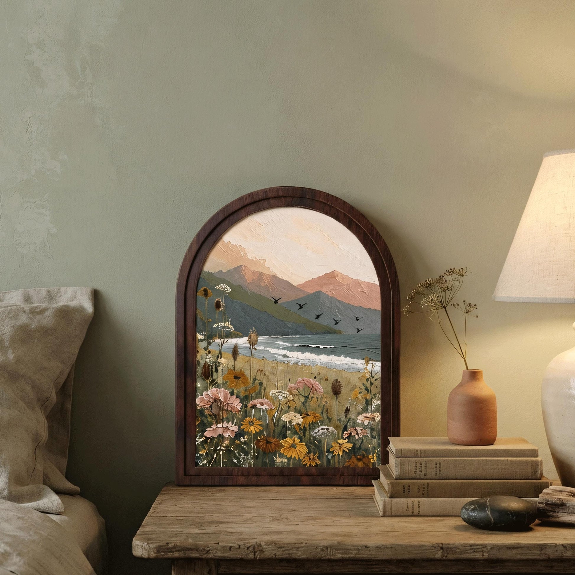 Wildflower Lake Wall Art with Arched Wood Frame, Mountain Landscape Painting, Rustic Nature Decor, Cottage Meadow Wall Art - Image 6