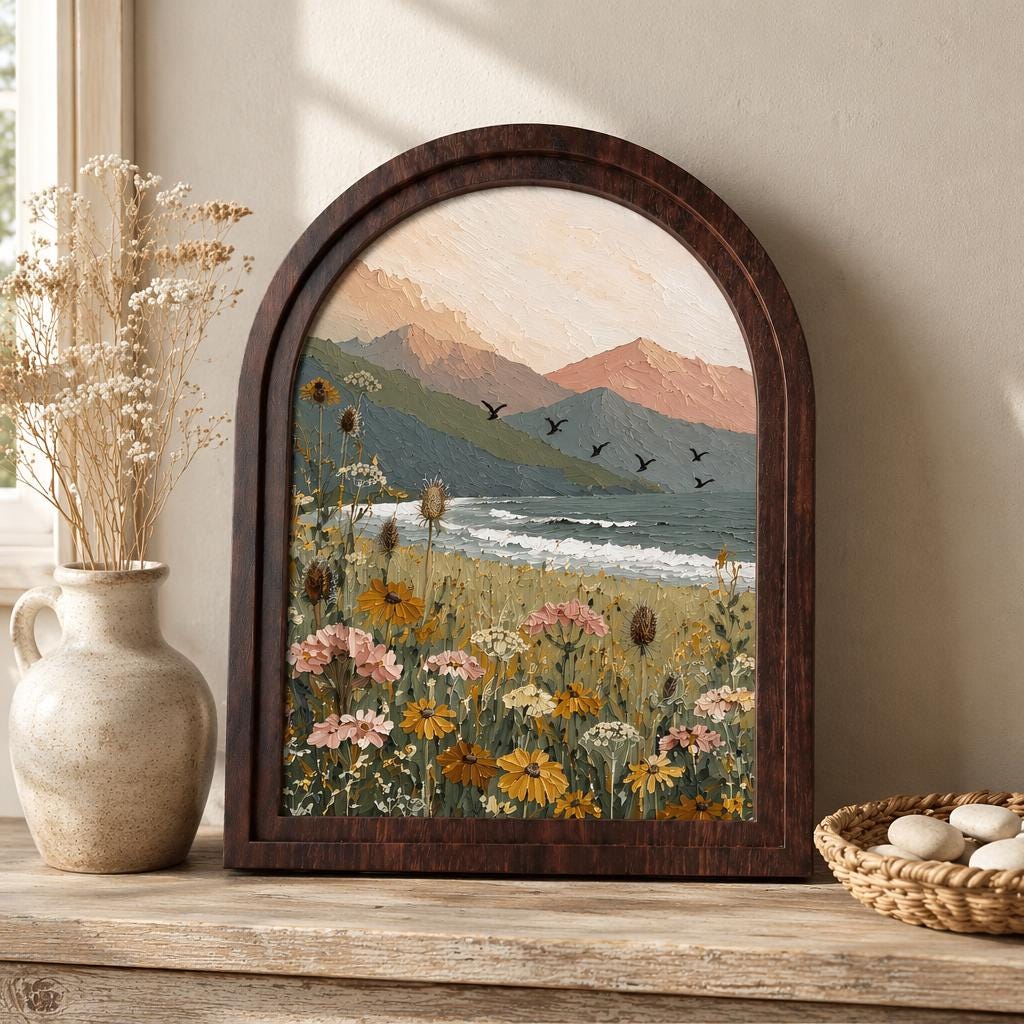 Wildflower Lake Wall Art with Arched Wood Frame, Mountain Landscape Painting, Rustic Nature Decor, Cottage Meadow Wall Art - Image 2