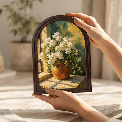 White Blossom Window Wall Art in Arched Wood Frame, Sunlit Floral Still Life, French Country Farmhouse Home Decor - Image 4