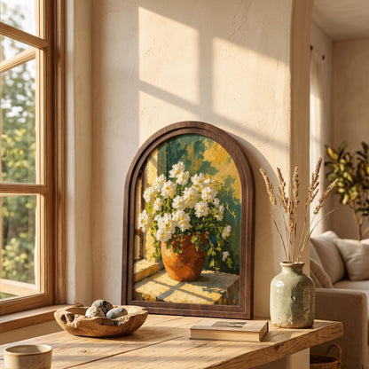 White Blossom Window Wall Art in Arched Wood Frame, Sunlit Floral Still Life, French Country Farmhouse Home Decor - Image 5