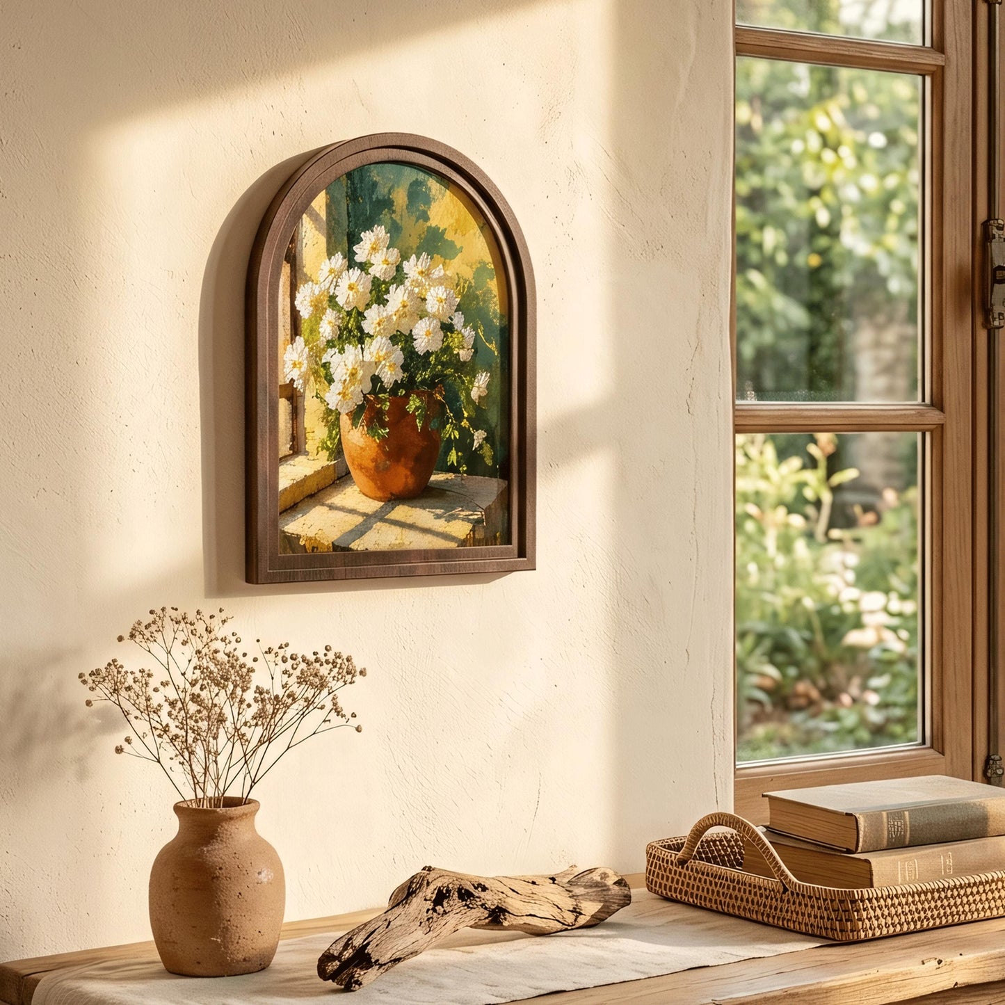 White Blossom Window Wall Art in Arched Wood Frame, Sunlit Floral Still Life, French Country Farmhouse Home Decor - Image 3