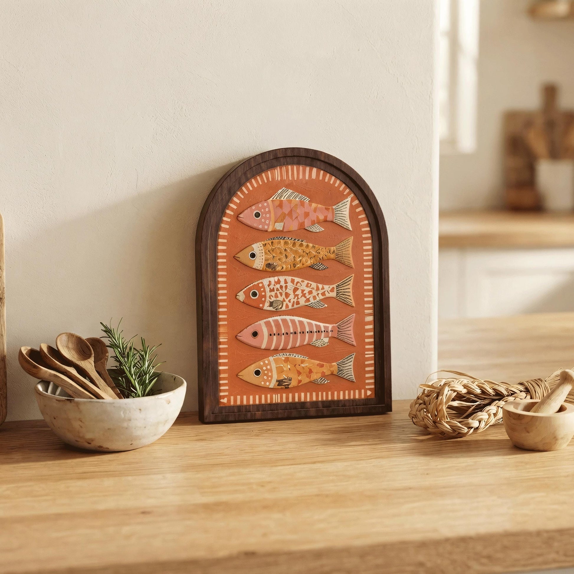 Coastal Fish Wall Art with Arched Wood Frame, Colorful Mediterranean Fish Painting, Rustic Nautical Decor, Beach House Wall Art - Image 5
