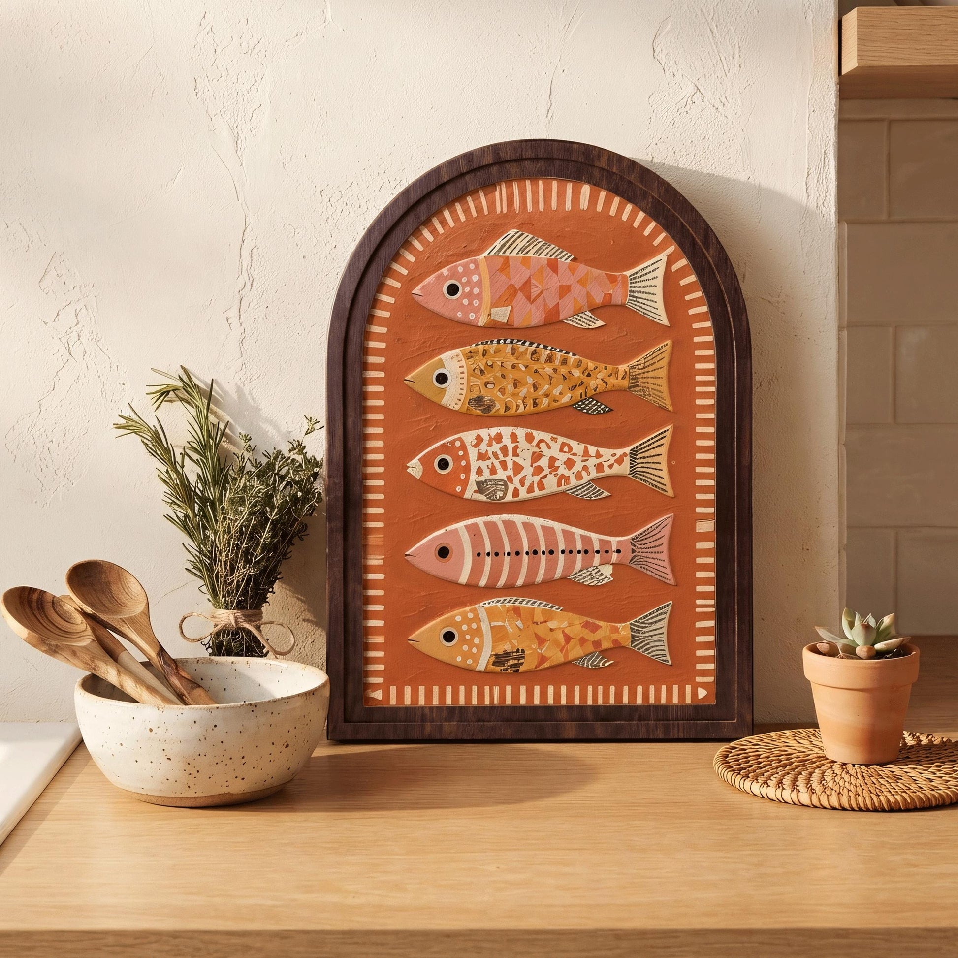 Coastal Fish Wall Art with Arched Wood Frame, Colorful Mediterranean Fish Painting, Rustic Nautical Decor, Beach House Wall Art - Image 2