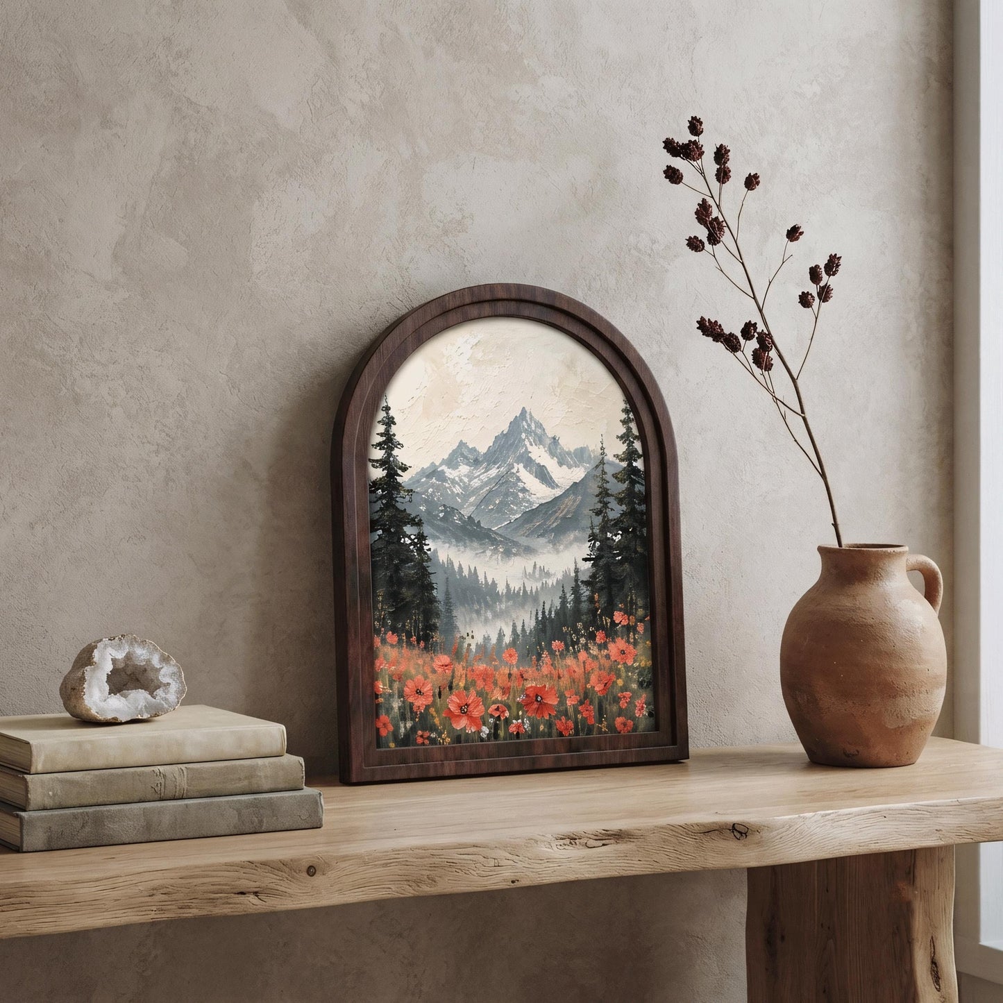 Alpine Mountain Wall Art, Arched Wood Frame, Wildflower Field Landscape, Rustic Cabin Decor, Nature Lover Housewarming Gift - Image 5