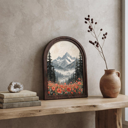 Alpine Mountain Wall Art, Arched Wood Frame, Wildflower Field Landscape, Rustic Cabin Decor, Nature Lover Housewarming Gift - Image 5