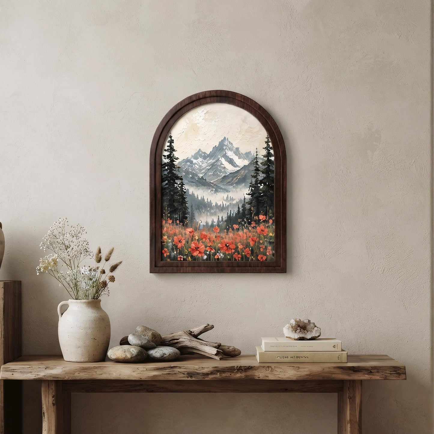 Alpine Mountain Wall Art, Arched Wood Frame, Wildflower Field Landscape, Rustic Cabin Decor, Nature Lover Housewarming Gift - Image 4