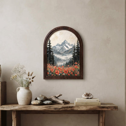 Alpine Mountain Wall Art, Arched Wood Frame, Wildflower Field Landscape, Rustic Cabin Decor, Nature Lover Housewarming Gift - Image 4