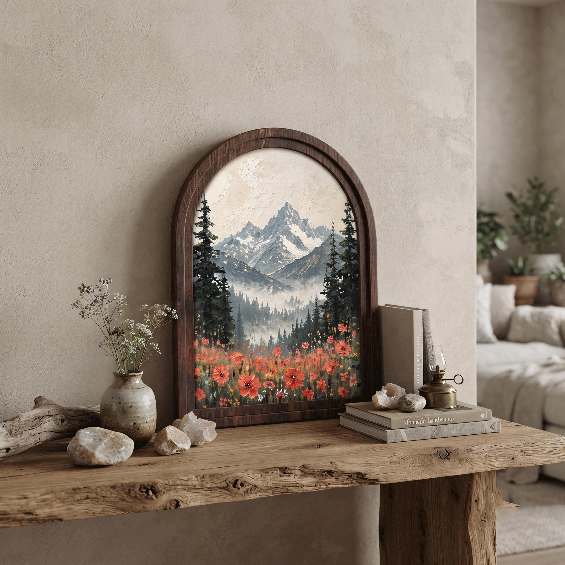 Alpine Mountain Wall Art, Arched Wood Frame, Wildflower Field Landscape, Rustic Cabin Decor, Nature Lover Housewarming Gift - Image 3