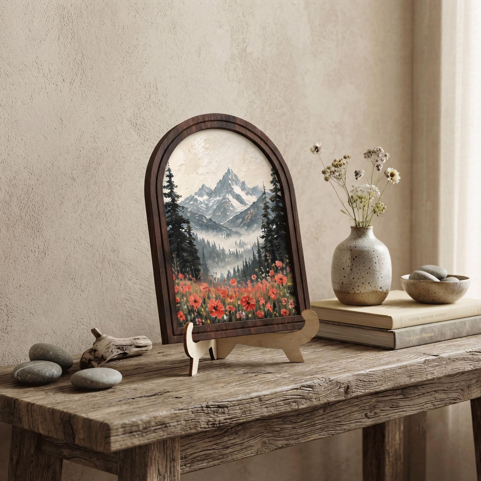 Alpine Mountain Wall Art, Arched Wood Frame, Wildflower Field Landscape, Rustic Cabin Decor, Nature Lover Housewarming Gift - Image 6